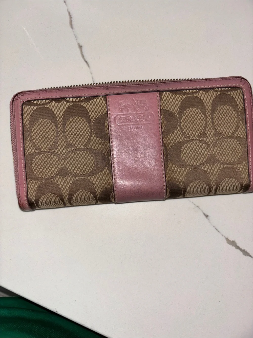 Coach Brown Signature Canvas Wallet with Pink Trim